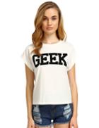 Shein Cream Short Sleeve Geek Print Crop T-shirt