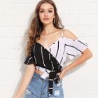 Shein Open Shoulder Knot Front Striped Blouse
