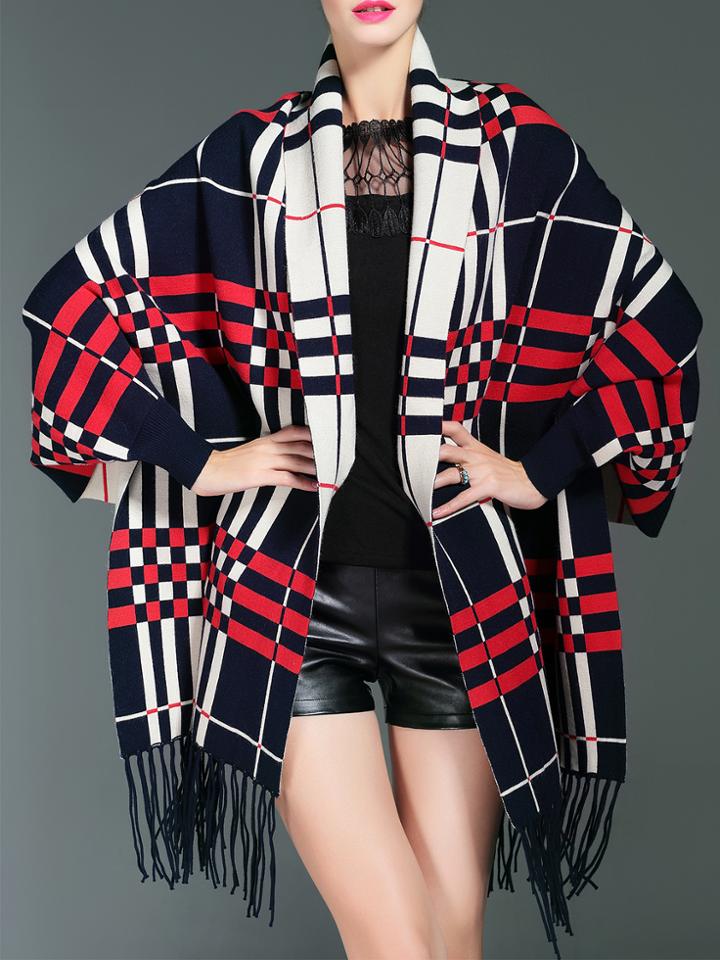 Shein Navy Color Block Tassel Cardigan