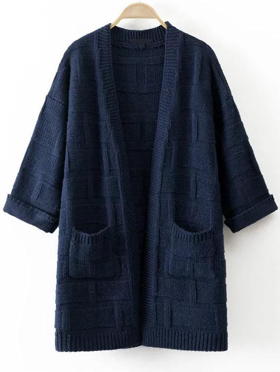 Shein Navy Textured Detail Cardigan With Pocket
