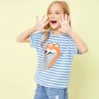 Shein Girls Mouth And Striped Print Tee