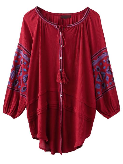 Shein Red Embroidery Self Tie Tassel Buttons Asymmetric Dress