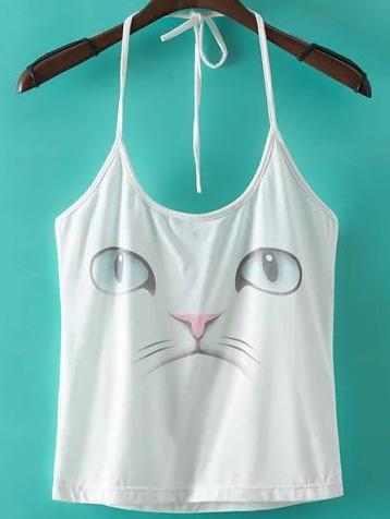 Shein White Cat Print Tie Back Cami Top