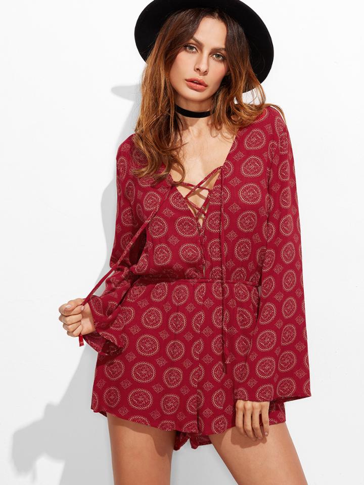 Shein Vintage Print Deep V Neck Lace Up Open Back Romper