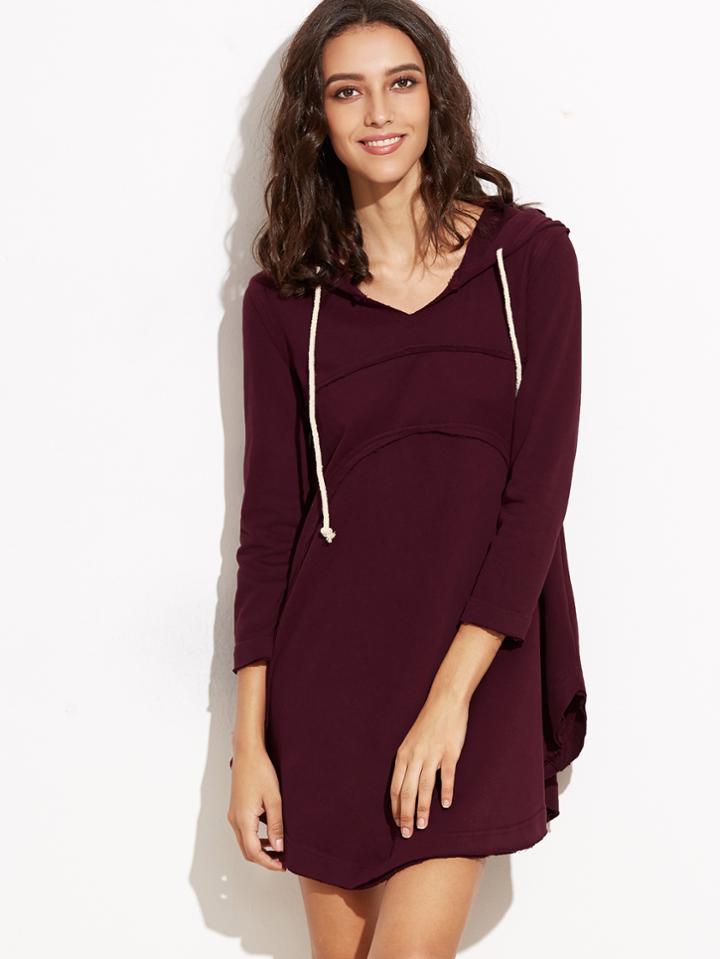 Shein Burgundy Curved Hem Hooded Swing Sweatshirt