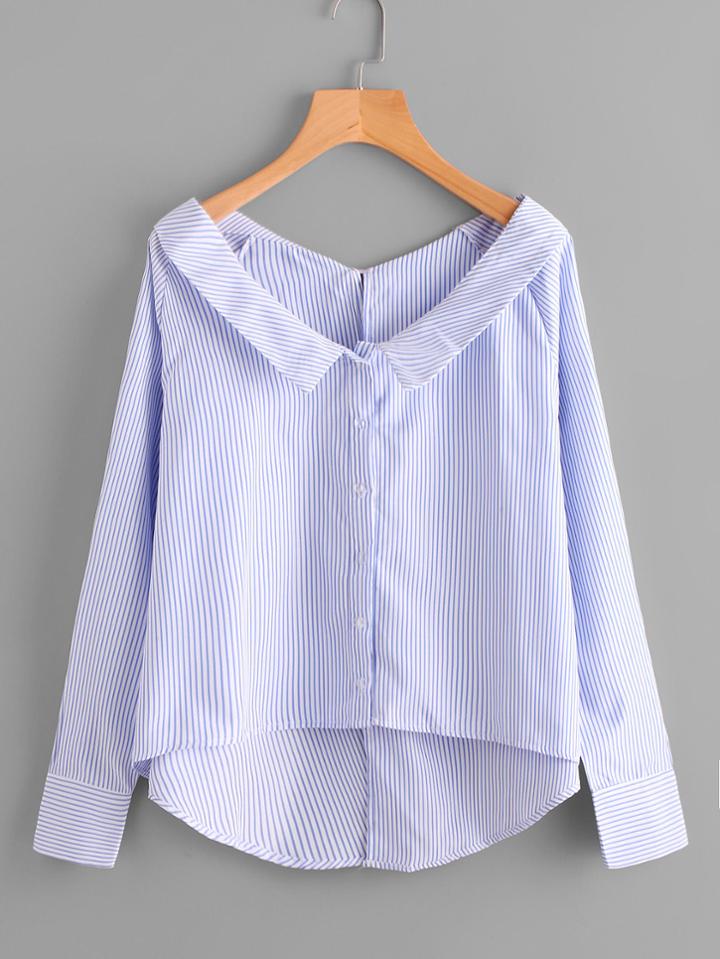 Shein Raglan Sleeve Dip Hem Striped Blouse