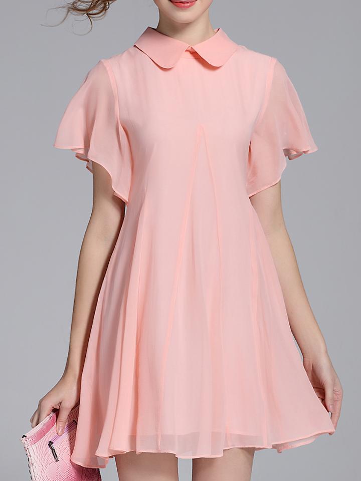 Shein Pink Lapel Flutter Chiffon A-line Dress