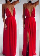 Rosewe Front Slit Backless Red Spaghetti Strap Maxi Dress
