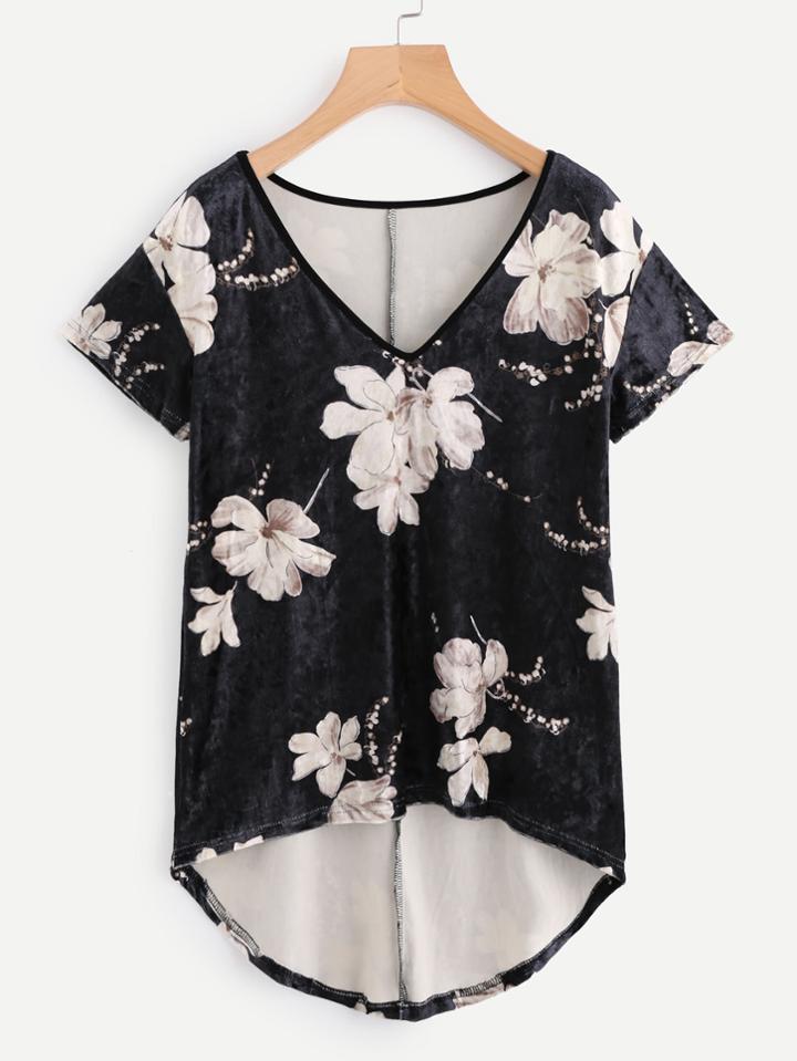 Shein Flower Print Dip Hem Velvet Tee
