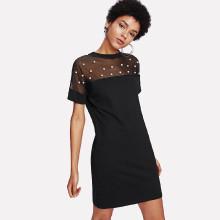 Shein Pearl Beaded Mesh Yoke Tunic Dress