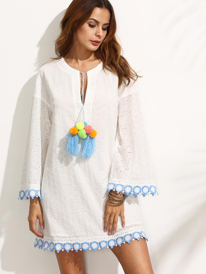 Shein White Tassel Tie Neck Contrast Trim Eyelet Embroidered Dress