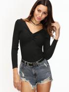 Shein Black V Neck Knot Front Ribbed Sweater