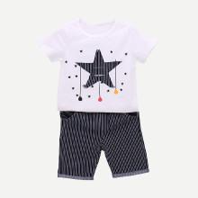 Shein Boys Star Print Tee With Striped Rolled Hem Shorts