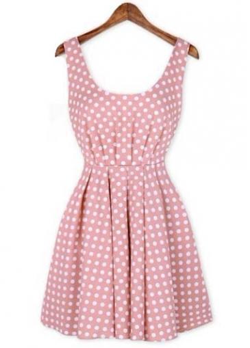 Rosewe Summer Essential Round Neck Polka Dot Print Dress Pink