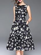 Shein Black Bowknot Pockets Floral A-line Dress
