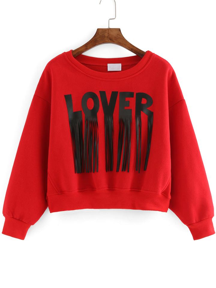Shein Red Round Neck Letters Print Tassel Crop Sweatshirt