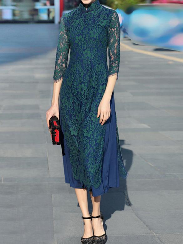 Shein Green Collar Split Lace Long Dress