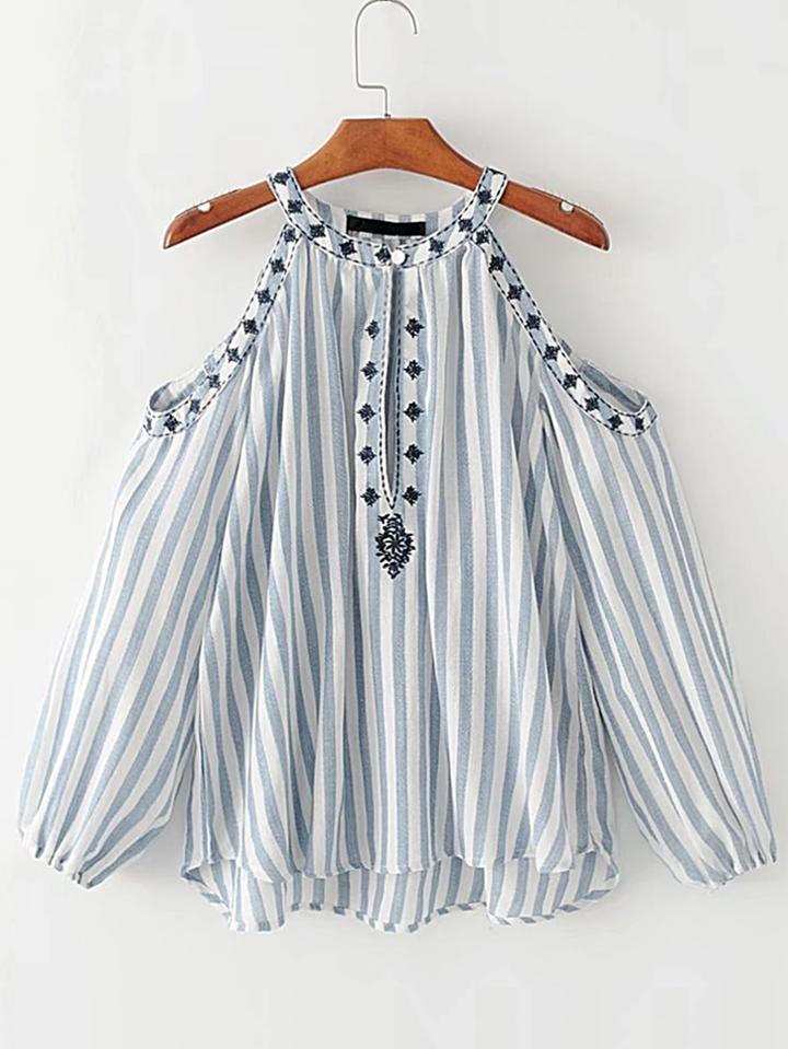 Shein Open Shoulder Vertical Striped Embroidery Top