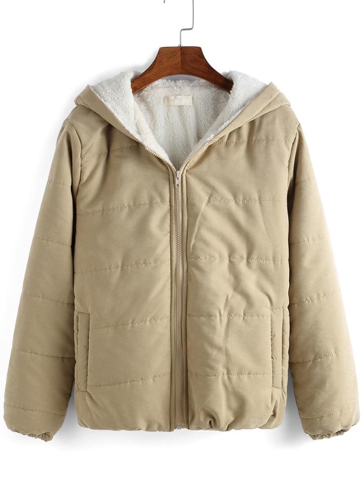 Shein Apricot Hooded Long Sleeve Zipper Coat