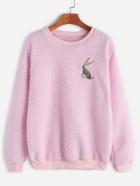 Shein Pink Ribbed Trim Embroidered Shearling Sweatshirt