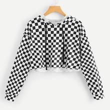 Shein Gingham Drawstring Crop Hooded Tee