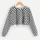 Shein Gingham Drawstring Crop Hooded Tee