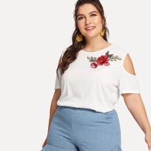 Shein Plus Embroidered Flower Applique Cold Shoulder Tee