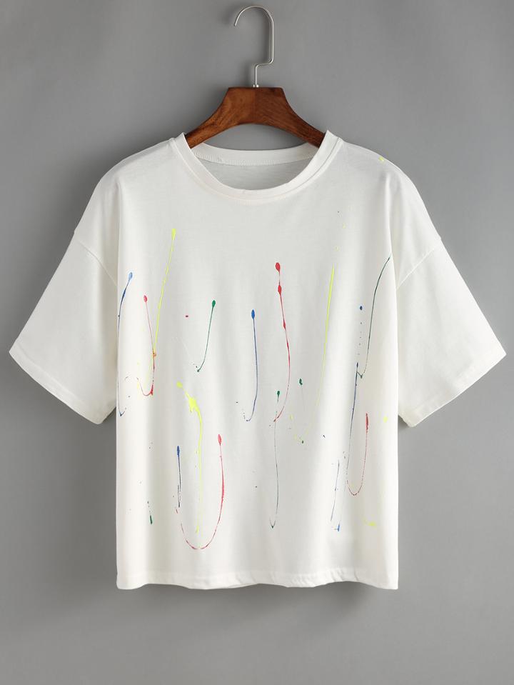 Shein Paint Splat Drop Shoulder White T-shirt