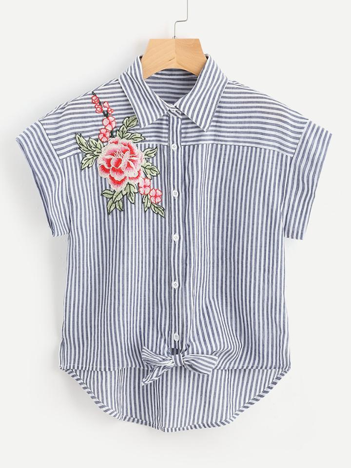 Shein Embroidered Flower Applique Knot Front Striped Shirt