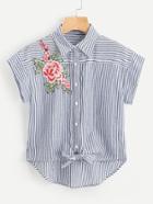 Shein Embroidered Flower Applique Knot Front Striped Shirt