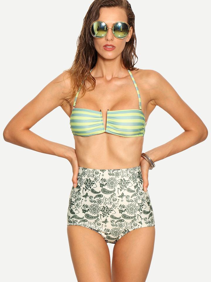 Shein V-notch Striped & Paisley Print Bikini Set