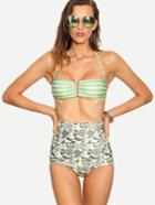 Shein V-notch Striped & Paisley Print Bikini Set