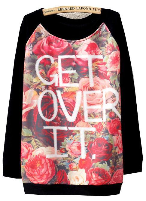 Shein Black Long Sleeve Floral Letters Print Sweatshirt