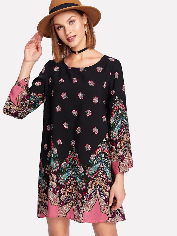 Shein Bell Sleeve Paisley Print Tunic Dress