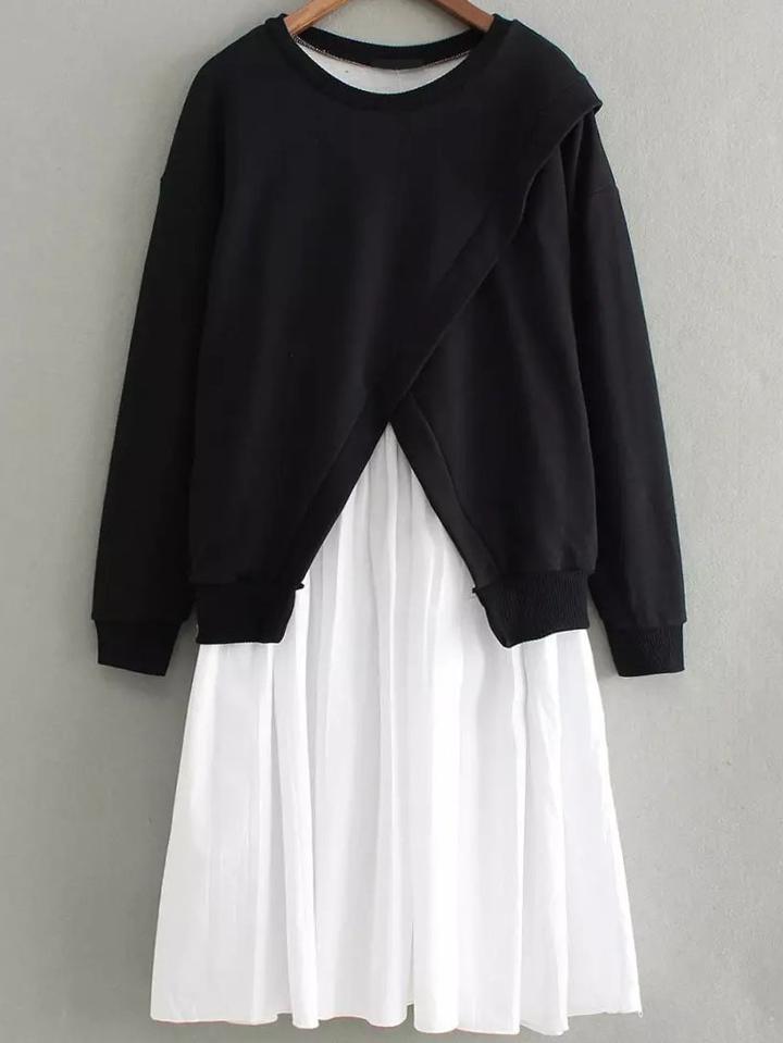 Shein Black And White Overlap Front Contrast Pleated Hem Dress