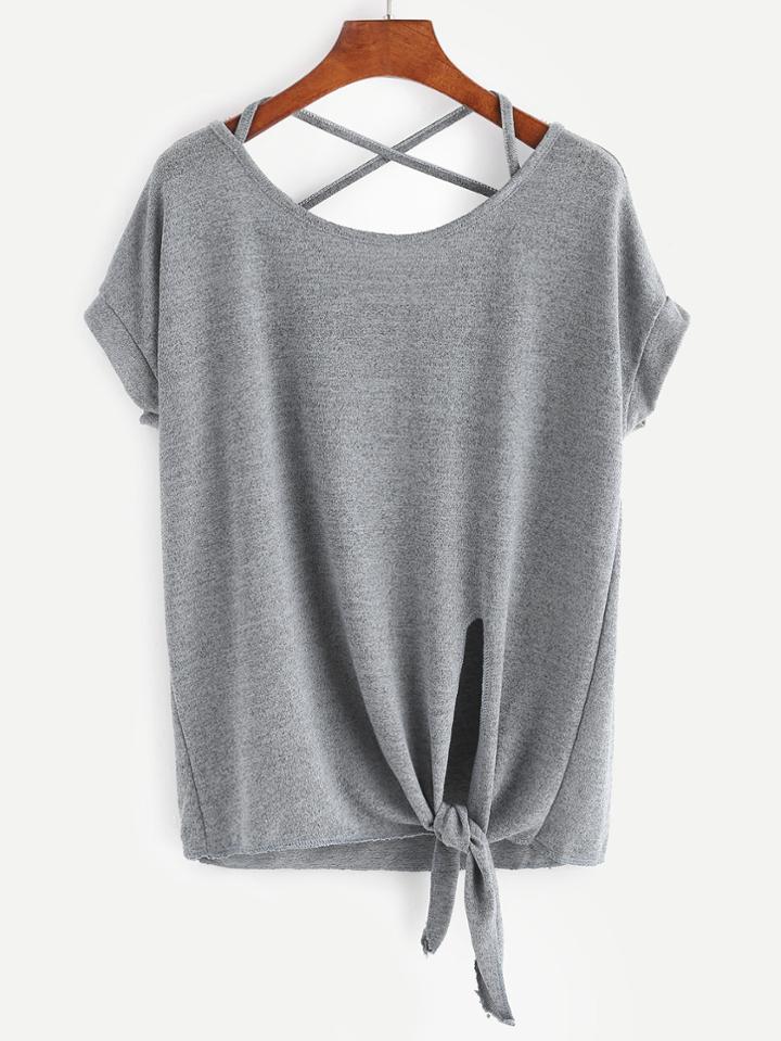 Shein Criss Cross Back Knotted Hem T-shirt