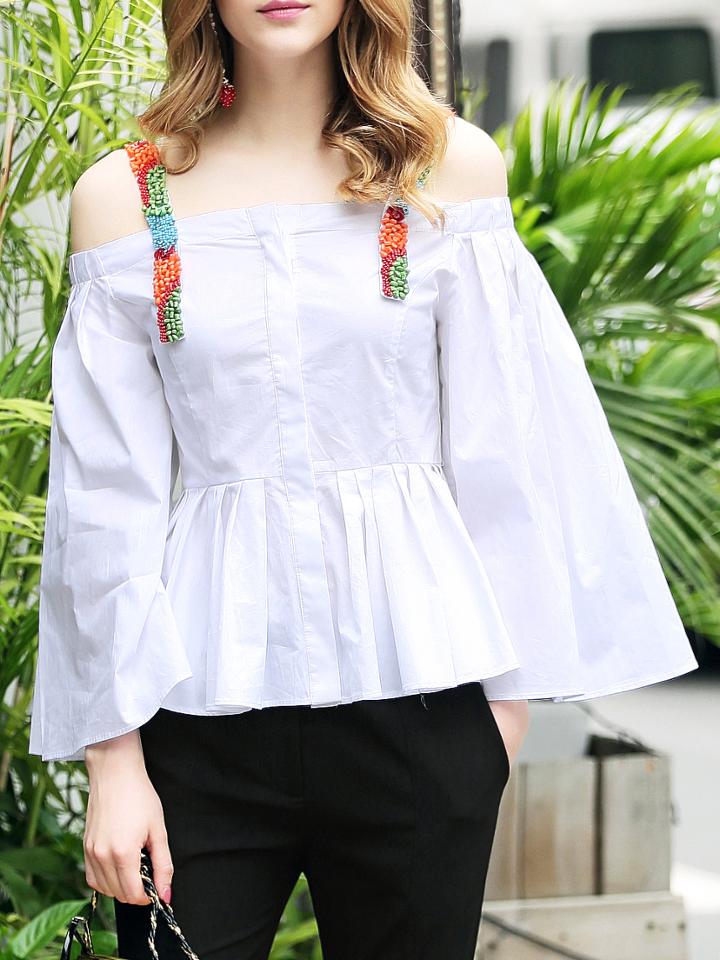 Shein Strap Bell Sleeve Pleated Blouse