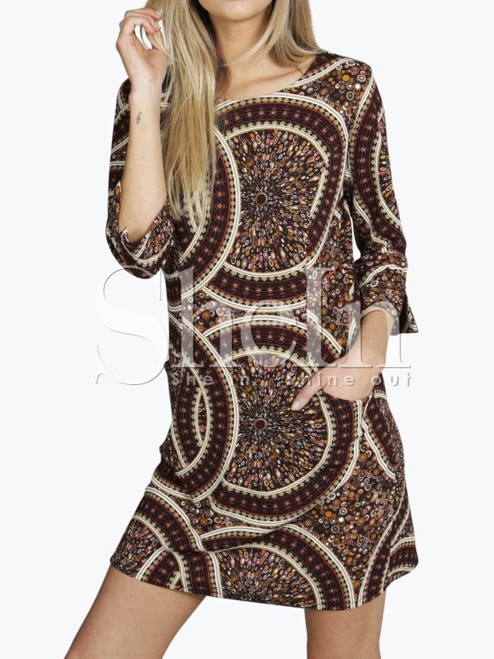 Shein Crew Neck Folk Print Keyhole Back Dress