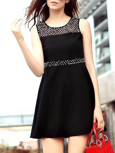Shein Black Round Neck Sleeveless Beading Dress