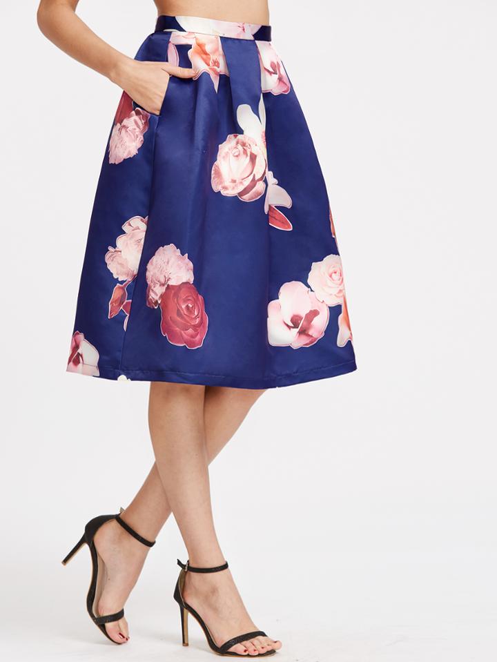 Shein Royal Blue Rose Print Box Pleated Volume Skirt