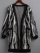 Shein Black Contrast Zebra Stripe Lantern Sleeve Cardigan
