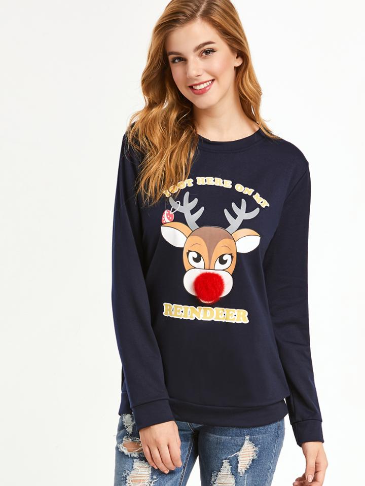 Shein Navy Reindeer Print Pom Pom Trim Sweatshirt