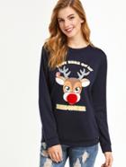Shein Navy Reindeer Print Pom Pom Trim Sweatshirt
