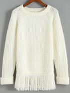 Shein White Round Neck Tassel Loose Sweater