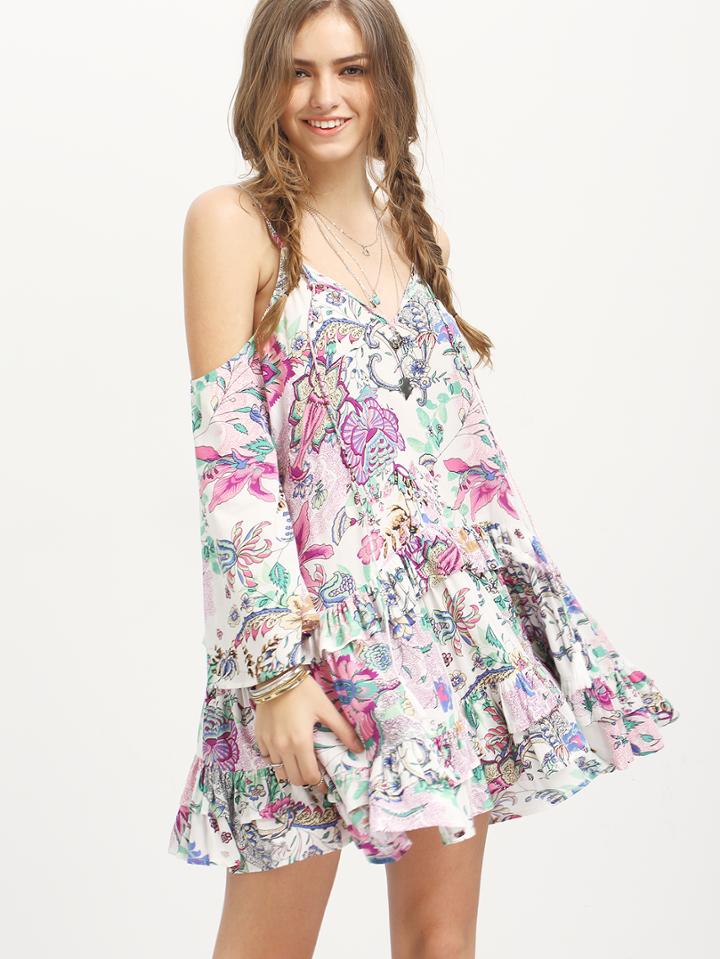 Shein Multicolor Boho Spaghetti Strap Floral Ruffle Dress