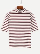 Shein Burgundy Striped High Neck T-shirt