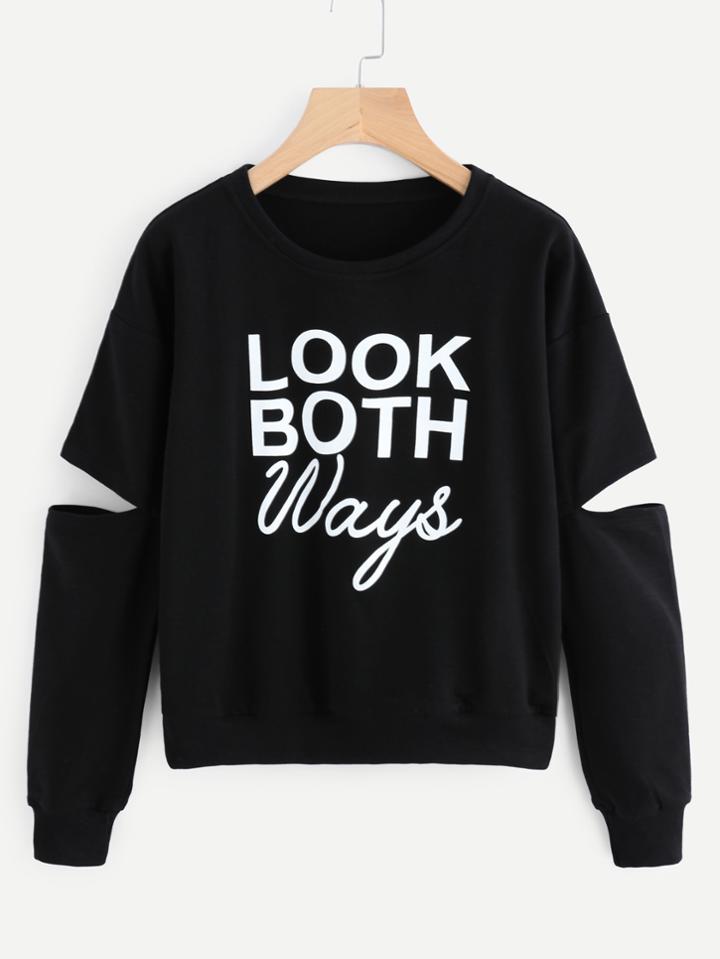 Shein Cut Out Elbow Slogan Print Sweatshirt