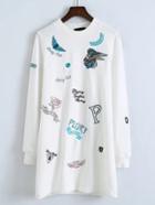 Shein White Cartoon Embroidered Sweatshirt Dress