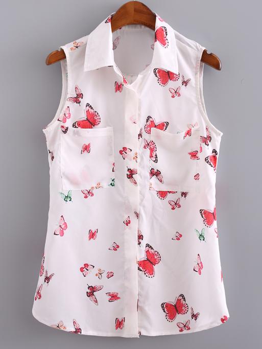 Shein White Lapel Pockets Buttons Butterfly Printed Blouse