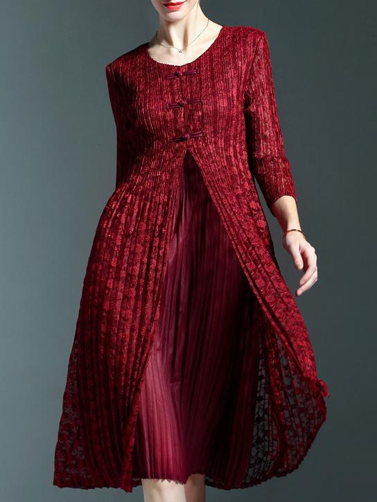 Shein Burgundy Crew Neck Floral Pleated Dress